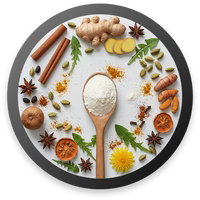Warming Spice & Antioxidant BlendCeylon ‘True’ Cinnamon*, Ginger*, Cardamom*, Turmeric*, Dandelion*