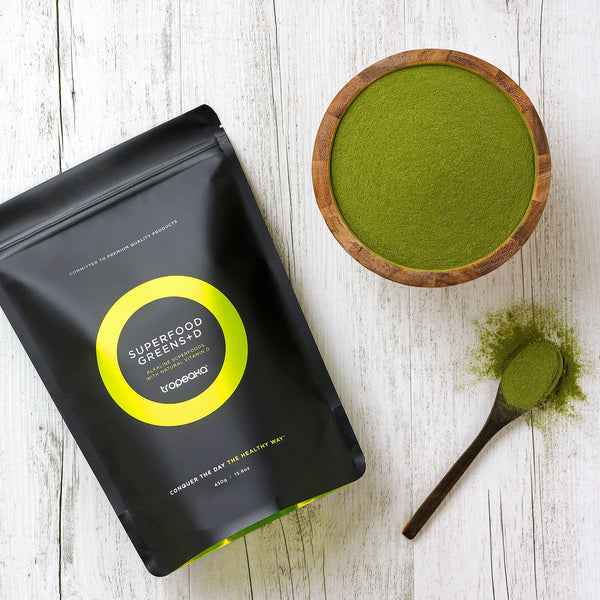 Tropeaka Superfood Greens + D Powder is a nutrient dense superfood powder that helps cleanse and purify your body